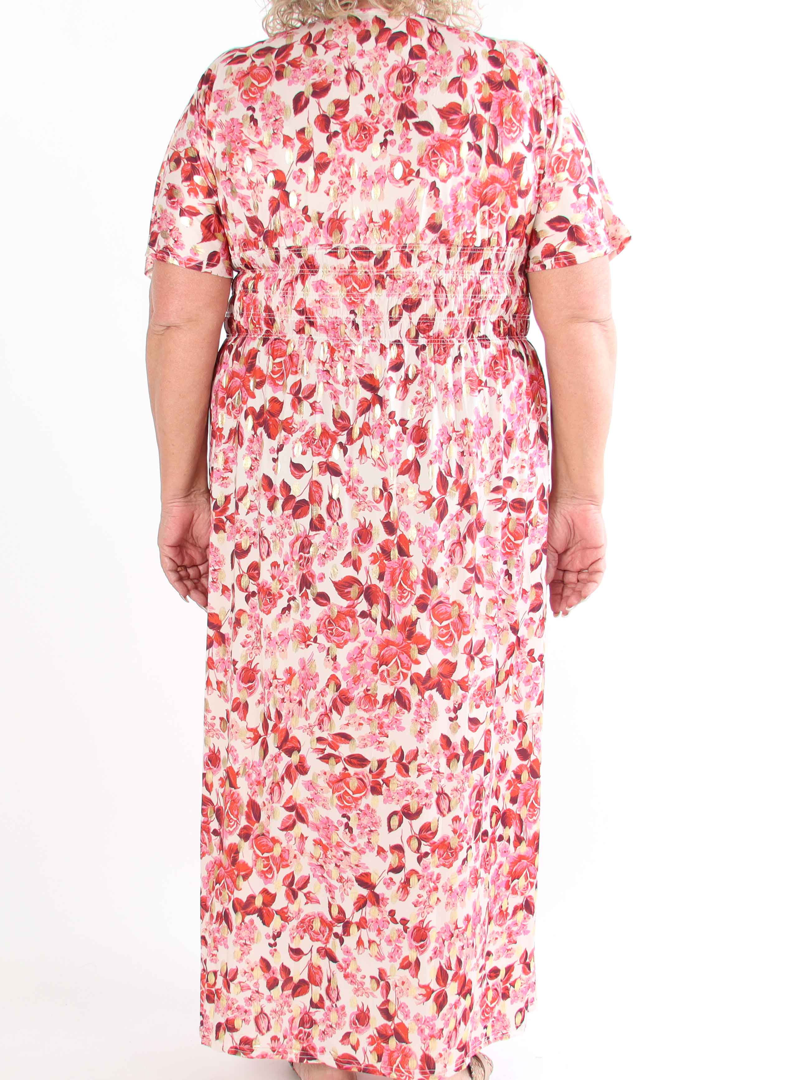 Pams Small Rose - Plus size kjole med blomsterprint og guld detaljer